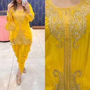 Shalwar kameez ผู้หญิงอินเดียสำหรับงานแต่งงานและงานรื่นเริงงานปาร์ตี้100% ผ้าเครป dhoti แท้ปักลายสวยงาม - Product Image 2