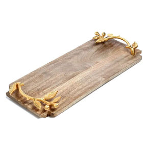 Plateau en bois de grande taille au design moderne avec poignée en forme de feuille Plateau de service parfait pour servir des collations, du café et des desserts - Product Image 2