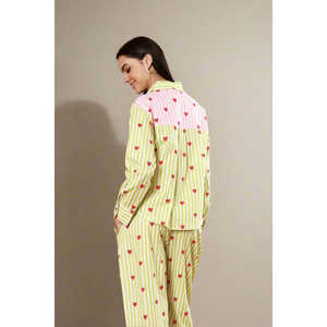 Conjunto de Pijama de Popelina con Estampado de Latidos del Corazón, Transpirable, Color Rosa Menta, Estampado Sólido, Cintura Elástica, Estilo Americano, para Otoño, Invierno y Primavera, para Usar en Casa - Product Image 3