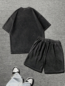 2025 verano hombres gimnasio deportes traje letra impresa lavado ácido camiseta conjunto transpirable 2 uds camisetas y pantalones cortos ropa - Product Image 2