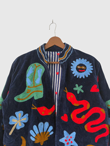 Hand Embroidered Velvet Bomber <b>Jacket</b> Mandarin Collar Full Sleeve Adult Autumn Wear <b>Patchwork</b> Design - Product Image 5