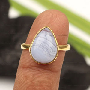 Bague pierre précieuse agate dentelle bleue naturelle 10x14mm forme de poire argent sterling 925 plaqué or éternité vermeil bijoux fins pour femmes - Product Image 3