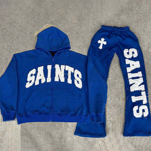 Custom Track Suit Set Hoodie and Flared Sweatpants Sets Jogger Sweatsuit <b>Applique</b> Embroidery Patch Men Distressed Tracksuits - Product Image 4