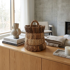 Natural Hand Woven Banana Bark <b>Storage</b> <b>Basket</b> Tiered <b>Stacked</b> Ring Arch Handle Pot Planter Room Setup Decor Pure Art Design Craft - Product Image 4