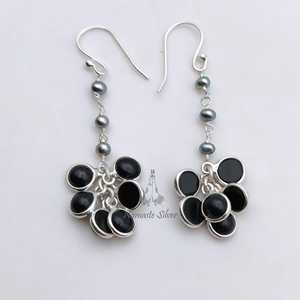 925 Sterling <b>Silver</b> <b>Dangle</b> <b>Earrings</b> Handmade Flower-Shaped Freshwater Grey Pearl and Black Onyx Unique Jewelry - Product Image 6