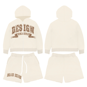 Conjuntos de pantalones cortos y sudaderas con capucha y cremallera de algodón 100% para hombre, ropa de calle OEM alta con logotipo personalizado, conjunto de pantalones cortos de 2 piezas, chándal informal para hombre - Product Image 5