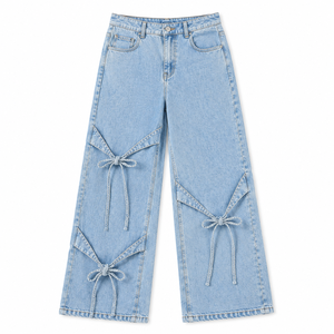 Jeans Anchos de Mujer Estilo Y2K con Detalle de Lazo, Cintura Alta, Corte Holgado, Lavado Claro, Denim Ecológico, Transpirable, Moda de Verano - Product Image 1