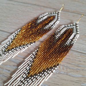 Boucles d'oreilles en perles, boucles d'oreilles très longues en or brun, boucles d'oreilles extra longues, boucles d'oreilles à franges, boucles d'oreilles boho, boucle d'oreille en perles de rocaille - Product Image 1