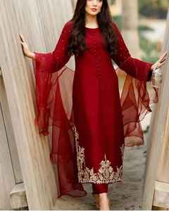 2023 rouge longue Kurta avec broderie travail et paillettes dentelle bouton décorations taille naturelle fête/mariage porter avec pantalon - Product Image 1