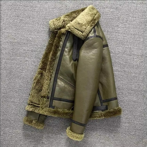 Men Olive Green Shearling 100% <b>Sheepskin</b> Fur Windproof Warm Genuine Leather Custom Manufacture In Pakistan - Product Image 6