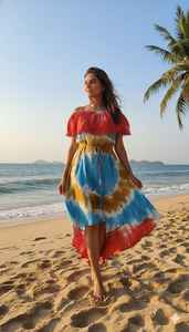 Vibrante Vestido Midi Floral de Playa con Volantes en el Hombro, Vestido Colorido para Vacaciones de Verano, Estilo Boho, Lavable, 100% Algodón, Azul Naranja - Product Image 5