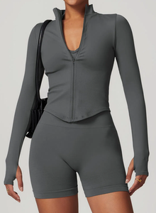 Chaqueta de yoga ajustada con cremallera para mujer Top deportivo de manga larga de mezcla de nailon sin costuras con agujeros para el pulgar Cuello alto - Product Image 4