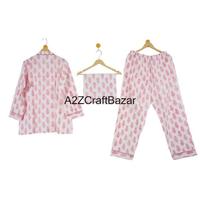 Pyjama indien 100% pur coton pour femme Ensemble de pyjama en coton doux avec troncs et chemises à imprimé bloc unique pour l'été