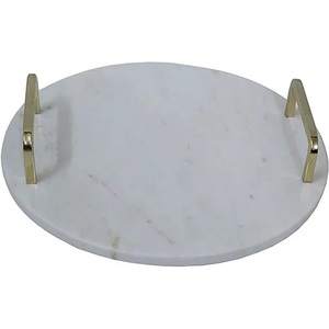 Plateau de rangement en marbre de forme ronde hôtels servant des aliments et des collations plateau avec poignées en métal plateau à café en marbre - Product Image 4