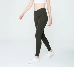 Celana pakaian kebugaran Gym pakaian Yoga celana ketat depan V silang legging pinggang tinggi dengan saku logo kustom