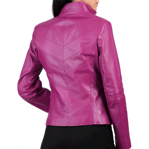 Chaqueta de cuero genuino de piel de cordero rosa de motociclista elegante para mujer - Product Image 2