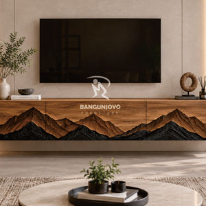Modern Floating <b>TV</b> <b>Cabinet</b> Solid <b>Wood</b> Mountain Design Wall Mounted Entertainment Center - Product Image 2
