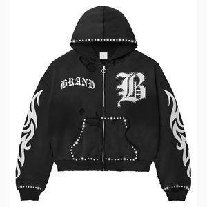 ผู้ผลิตเสื้อผ้าสตรีทแวร์แบบกำหนดเอง เสื้อฮู้ดดี้ผู้ชาย แจ็คเก็ตปะติดปะต่อแบบดิสเทรส ปักลาย ซิปแบบรูดขึ้น - Product Image 1