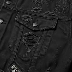 Veste en jean noire Y2K sur mesure pour homme, poids lourd, lavage vintage, effet usé sur le bas, broderie 3D, fermeture à bouton unique sur le devant - Product Image 4