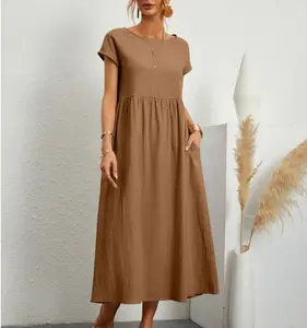 Loose Solid Color Pocket Wash Cotton Linen A-line Fashion Womens Plus Size Skirt Summer Dresses Elegant for Women