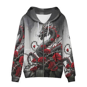 Sudadera con Capucha de Invierno de Alta Calidad con Estampado Completo, Diseño Gótico de Rosa Roja y Dragón 3D, Cierre Frontal con Cremallera, Estilo Urbano para Mujer - Product Image 1