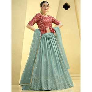 Lehenga Choli de Seda Chinon Talla XL con Lentejuelas Azul Cielo Bordadas y Dupatta - Product Image 4