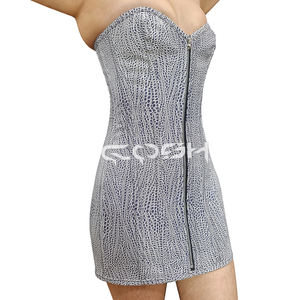 Sweetheart Neckline Overbust <b>Steel</b> <b>Boned</b> White & Black Snakeskin Texture Strapless PVC Mini Dress with Zipper Front - Product Image 4