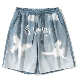 Personalizado desgastado 100% algodón Vintage cordón cintura francés Terry suelto Casual piedra lavado apliques hombres pantalones cortos - Product Image 1