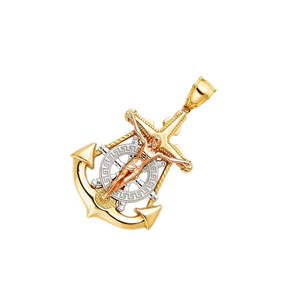 Élégant 14K Tri Couleur Or Mariner Christian Crucifix Croix Pendentif Haute Qualité Religieux Fine Jewelry - Product Image 2