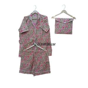 Ensemble de pyjama en coton pur 100 % fait main en Inde, robe de nuit à manches courtes, imprimé à la main, respirant, doux, décontracté, été - Product Image 5