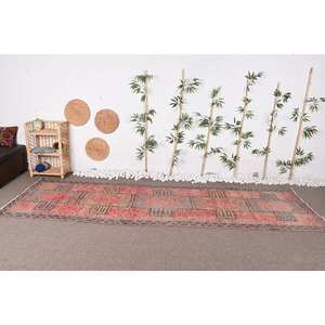 Alfombra turca vintage, estilo bohemio rojo y gris, 3,6x11,6 pies, diseño clásico de retazos, látex de lana para entrada - Product Image 1