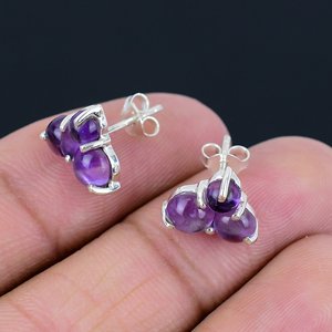 Handmade Dainty 925 Sterling <b>Silver</b> Bezel Setting Purple Fancy Cut Amethyst Gemstone <b>Stud</b> Earrings for Women & Girls Gift - Product Image 3