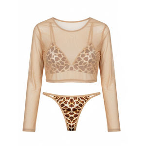 Damen-Unterwäsche-Set Transparentes Nude-Mesh Langarm-Bralette und Gold-Leoparden-Tanga Unterwäsche Verkaufsschlager Maßgeschneiderte Clubwear-Lingerie - Product Image 1