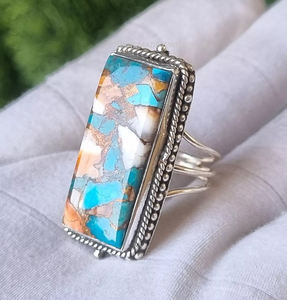 Anillos Finos de Plata de Ley 925 con Diseño Clásico, Estilo Bohemio, con Turquesa de Cobre Espinoso en Engaste de Bisel, Forma Rectangular de 9x18 mm - Product Image 5