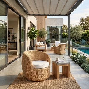 Fauteuil de jardin extérieur moderne en rotin tressé naturel avec coussin de siège blanc pour villa et parc – Ensemble de chaises longues de patio - Product Image 2