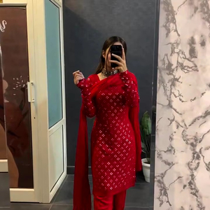 El último diseñador Festival y ropa de boda Pure Georgette Mirror Work Top con manga completa y pantalón con Dupatta Full Stitched - Product Image 1