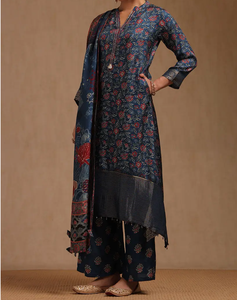 Vestido indio y pakistaní azul y rojo de corte regular para mujer, estampado Floral, Kurta Palazzo con Dupatta para mujer, moda - Product Image 5