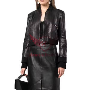 Veste en cuir de bombardier délavée pour femmes à la mode Streetwear élégant avec un nouveau traitement tricoté de haut court de conception - Product Image 1