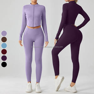 2025 Hot Sale Women's Gym Fitness Two-Piece Yoga Set Solid Pattern Yoga <b>Legging</b> with Mid Waist Logo for Workout - Product Image 1