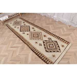 Turkish Runner Rug 2.8x9.1 ft, <b>Brown</b> Plants & trees Vintage <b>Wool</b> Rug - Product Image 3