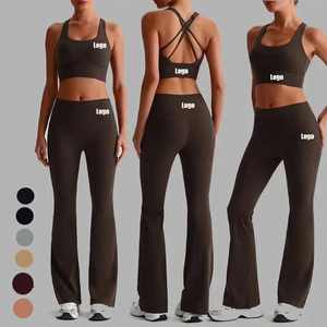OEM Custom Solid Pattern Women's Active Wear Gym Fitness Yoga Set Plus Size <b>Sports</b> <b>Bra</b> Flare Pants Elastic Waist Closure - Product Image 1