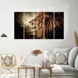 Impresión en Lienzo de León Rugiente: Decoración de Pared con Animales, Arte para Cuarto de Hombre, JUEGO DE 5 LIENZOS - Product Image 1