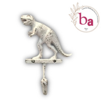 Gancho de Pared con Forma de Dinosaurio T-Rex, Metal Blanco Envejecido, Hecho a Mano, Gancho Individual para Abrigos y Sombreros, Ecológico y Multifuncional