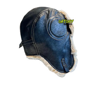 Chapeau d'aviateur en cuir véritable avec doublure en fausse fourrure, bonnet d'hiver à oreilles rabattables pour pilote - Product Image 4