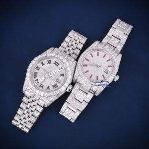 Reloj de pareja de acero inoxidable con diamantes de moissanita de Hip Hop completamente helado de alta calidad, relojes de prueba de diamantes de 100% pasos - Product Image 2