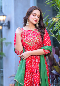 Conjunto de Kurta Anarkali de Algodón con Bordado Hecho a Mano y Estampado Badhani, con Pantalón y Dupatta, Largo hasta la Rodilla, Estilo Casual - Product Image 6