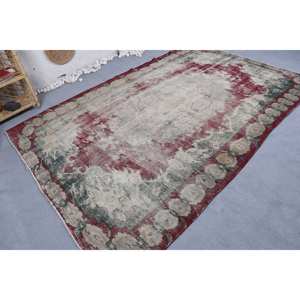 Tapis vintage en laine rouge et verte, écologique, avec dos en latex, poils moyens, patchwork, grande surface, motif rectangulaire, salle à manger - 6x9 pieds - Product Image 3