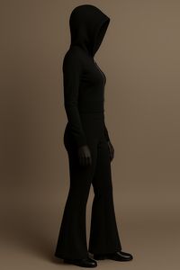 Ensemble de survêtement décontracté pour femme, imprimé, bleu, hiver, uni, athleisure, avec sweat à capuche zippé et pantalon évasé à épaules découpées - Product Image 3