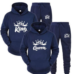 Nouvel ensemble deux pièces pour hommes et femmes tenue de couple écologique 'Queen King' survêtements imprimés sweat à capuche et pantalons de survêtement - Product Image 1