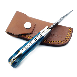 Handmade Damascus Steel Pocket <b>Knife</b> With Blue PakkaWood Handle Back Lock <b>Folding</b> <b>Knife</b> Leather Sheath Hunting Camping <b>Utility</b> - Product Image 5